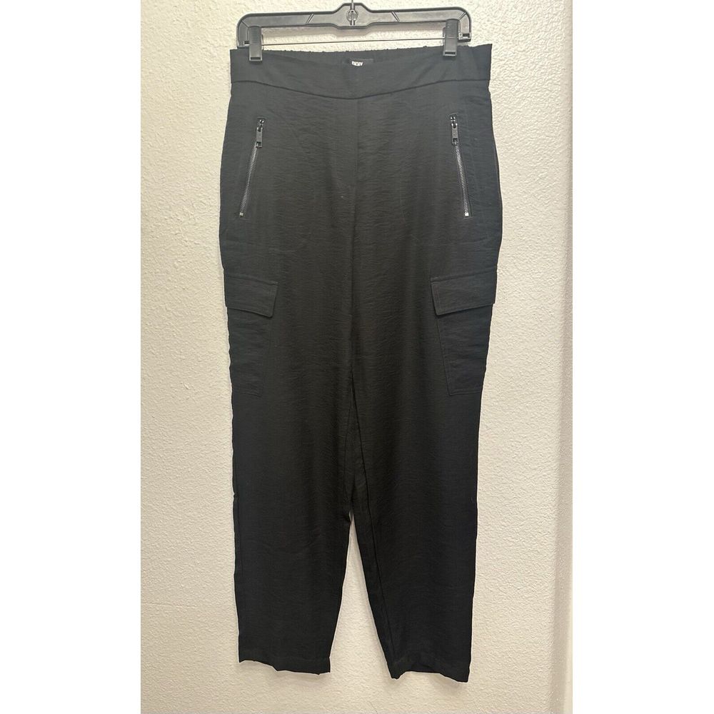 DKNY Cargo Pants Pull On‎ Women Size S/M Elastic Waist Hi-Rise Zip-Pocket Black